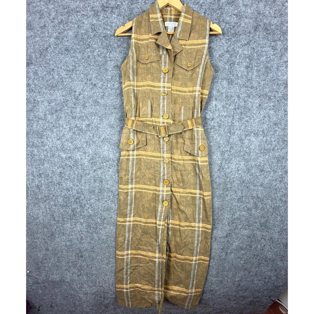 Vintage Express Shirt Dress Womens 3/4 Tan Plaid Belted Button Front 70s 60s